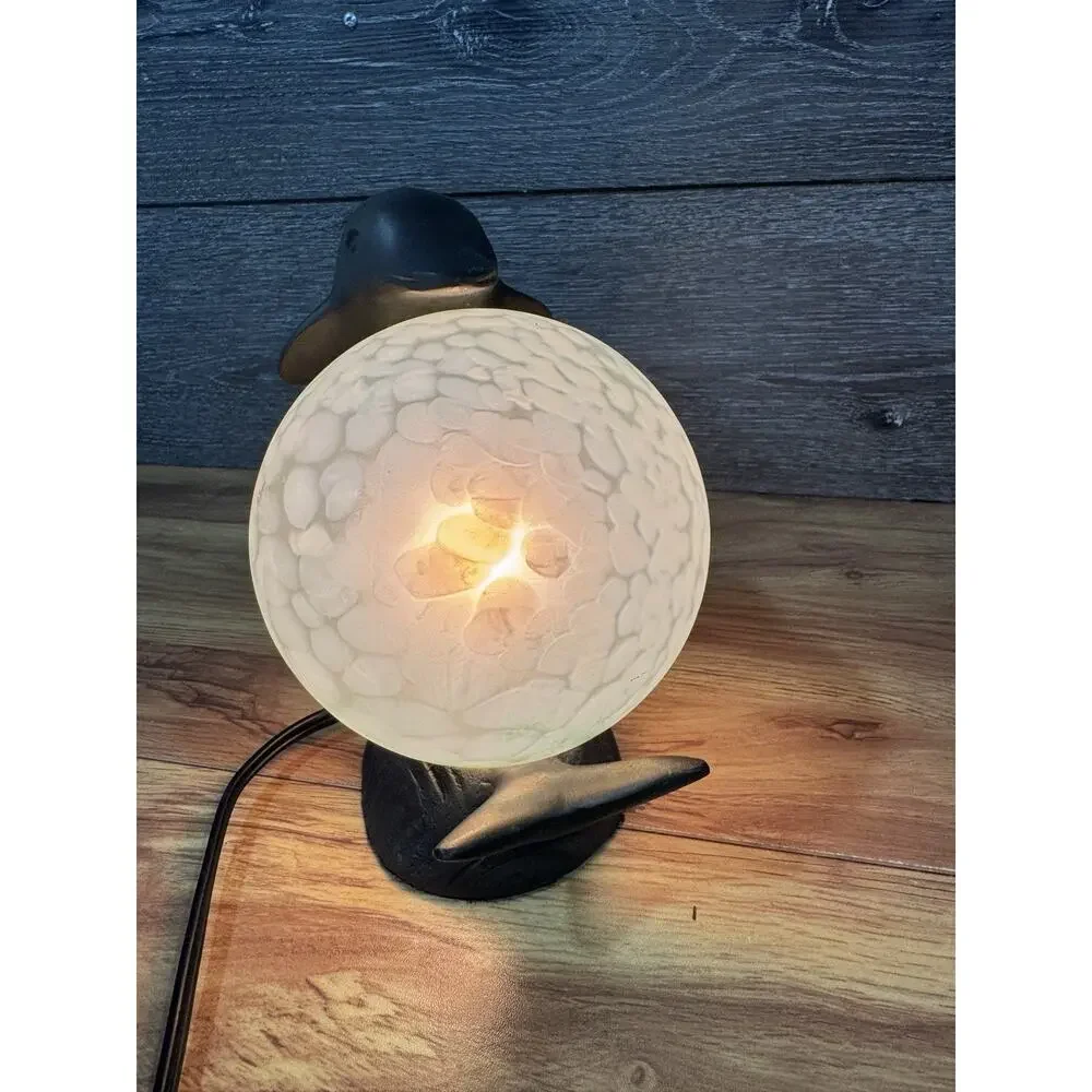 Vtg Art Deco Dolphin TV Lamp Figural Metal Bronze Tone Satin Glass Globe Light